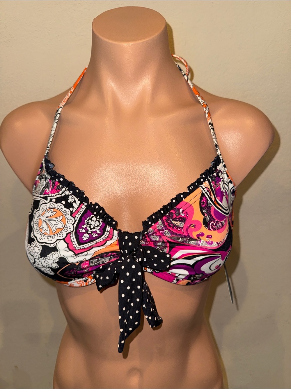 Kenneth Cole Reaction Pink Orange Black Paisley Tie-Front Bikini Top